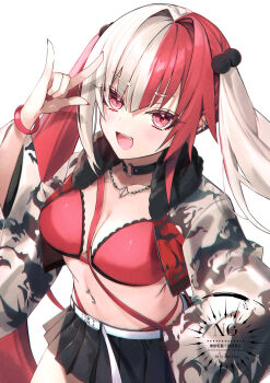 1girl absurdres belt black_skirt blush bra breasts chain chain_necklace choker cleavage fate/grand_order fate_(series) fur_collar hair_bobbles hair_ornament hane_yuki highleg highleg_panties highres jacket jewelry large_breasts long_hair long_sleeves looking_at_viewer matsunaga_hisahide_(fate) miniskirt multicolored_hair navel navel_piercing necklace open_mouth panties piercing red_bra red_eyes red_hair red_jacket red_panties skirt smile solo split-color_hair thigh_strap thighs twintails underwear white_hair white_sleeves wide_sleeves