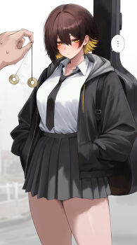 ... 1girl 1other absurdres afterimage asymmetrical_hair black_jacket black_necktie black_skirt blonde_hair blush breasts brown_hair closed_mouth coin coin_on_string collared_shirt colored_inner_hair colored_tips cowboy_shot deyo_(nicijyou) double-parted_bangs expressionless guitar_case hair_between_eyes hair_intakes hands_in_pockets highres holding holding_pendulum hood hooded_jacket hypnosis inazuma_akane_(deyo) instrument_case instrument_case_on_back instrument_on_back jacket looking_at_viewer medium_breasts mind_control miniskirt multicolored_hair necktie open_clothes open_jacket orange_eyes original pendulum pleated_skirt pov pov_hands school_uniform shirt shirt_tucked_in short_hair skirt solo_focus spoken_ellipsis standing sweatdrop two-tone_hair white_shirt wing_collar