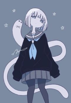 1girl arms_at_sides black_shirt blue_neckerchief feet_out_of_frame ghost grey_background grey_sailor_collar grey_skirt highres long_sleeves miniskirt neckerchief omochi_noa original pantyhose pleated_skirt sailor_collar school_uniform serafuku shirt short_hair signature skirt sleeves_past_fingers sleeves_past_wrists standing white_hair