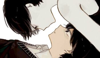 2boys black_eyes black_hair black_sweater_vest black_tank_top collared_shirt colored_skin commentary crying crying_with_eyes_open dual_persona looking_at_another male_focus multiple_boys nill omori omori_(omori) shirt short_hair simple_background sunny_(omori) sweater_vest symbol-only_commentary tank_top tears white_background white_shirt white_skin