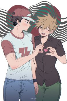 Rule 34 | 2boys, absurdres, arm up, baseball cap, black hair, black shirt, blue oak, blue pants, blush, brown eyes, brown hair, buttons, collared shirt, commentary request, crew neck, denim, eye contact, feet out of frame, green pants, hair between eyes, hat, heart, heart hands, heart hands duo, highres, jeans, looking at another, male focus, multiple boys, nintendo, one eye closed, open collar, open mouth, pants, pk rgr96, pokemon, pokemon sm, print shirt, raglan sleeves, red (pokemon), red hat, shirt, short hair, short sleeves, sideburns, smile, standing, t-shirt, white background, wing collar, wristband, yaoi