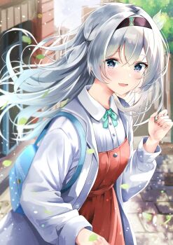 1girl aizawa_(aizawatsu) bag black_hairband blue_bag blue_pupils blush cowboy_shot day falling_leaves firefly_(honkai:_star_rail) grey_hair hairband highres honkai:_star_rail honkai_(series) jacket leaf long_hair long_sleeves looking_at_viewer open_clothes open_jacket open_mouth outdoors purple_eyes red_nails shoulder_bag smile solo white_jacket