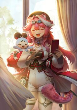 1girl absurdres animal_ear_fluff animal_ears ankle_boots ascot bare_shoulders beret black_corset black_gloves black_hat black_tube_top boots breasts chattino_(raora_panthera) collared_vest corset curtains double-parted_bangs fangs flipped_hair garter_straps gloves goggles goggles_on_head gooster hair_over_shoulder hat high-waist_shorts highres hip_bones holding holding_phone holding_stuffed_toy hololive hololive_english indoors jacket jewelry large_breasts long_hair multicolored_hair off_shoulder open_clothes open_jacket panther_ears panther_girl panther_tail pendant_collar phone pink_hair raora_panthera raora_panthera_(1st_costume) red_jacket short_shorts shorts single_garter_strap smile solo standing strapless streaked_hair stuffed_toy tail thigh_strap thighhighs transparent_background tube_top vest virtual_youtuber white_ascot white_boots white_hair white_shorts white_thighhighs white_vest wide_sleeves