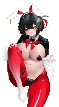 1girl absurdres animal_ear_hairband animal_ears black_hair black_shrug blush breasts colored_inner_hair fake_animal_ears frontless_outfit goddess_of_victory:_nikke gradient_hiphighs hair_ornament hairband heart_maebari heart_pasties highres hiphighs large_breasts latex_shrug maebari mole_under_breast multicolored_hair official_alternate_costume pasties rabbit_ear_hairband rabbit_ears red_hair red_hiphighs reverse_bunnysuit reverse_outfit rouge_(nikke) rouge_(unlucky_rabbit)_(nikke) short_hair shrug_(clothing) sitting solo spade_hair_ornament spade_ornament spade_pasties user_rntt3433 yellow_eyes
