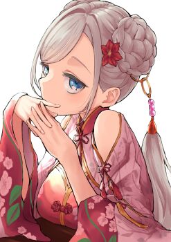 1girl absurdres bare_shoulders blue_eyes braid braided_bun breast_rest breasts breasts_on_table bun_with_braided_base ceras_yanagida_lilienfeld ceras_yanagida_lilienfeld_(shiren_koto_no_suzume) china_dress chinese_clothes clothing_cutout commentary covering_own_mouth dress elbows_on_table flower grey_hair hair_bun hair_extensions hair_flower hair_intakes hair_ornament hand_over_own_mouth highres interlocked_fingers large_breasts link!_like!_love_live! long_sleeves looking_at_viewer love_live! mendo_(mend0o0) red_dress red_flower ring_hair_extensions short_hair shoulder_cutout shrug_(clothing) sidelocks simple_background solo upper_body virtual_youtuber white_background white_shrug