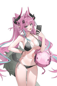 1girl :d absurdres arknights arknights:_endfield bare_shoulders bikini black_bikini blue_eyes blue_hair braid breasts cellphone cleavage collarbone cone_hair_bun cowboy_shot dragon_girl dragon_horns dragon_tail gluteal_fold hair_bun hair_intakes hair_ornament hand_on_own_hip highres holding holding_phone horns large_breasts long_hair looking_at_viewer multicolored_hair navel open_mouth orb phone pink_hair pointy_ears prtsss ribbon side-tie_bikini_bottom simple_background smartphone smile solo streaked_hair swimsuit tail thick_eyebrows twin_braids twintails two-tone_hair very_long_hair white_background white_ribbon wristband yvonne_(arknights)