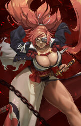 Rule 34 | 1girl, angry, baiken, black jacket, breasts, chain, cleavage, eyepatch, guilty gear, guilty gear xrd, highres, holding, holding sword, holding weapon, jacket, japanese clothes, kimono, long hair, looking at viewer, pink hair, ponytail, red eyes, rim jims, samurai, scar, scar across eye, sword, thick thighs, thighs, weapon, white kimono