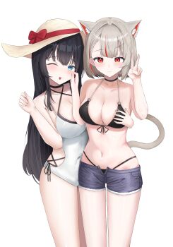 2girls absurdres animal_ear_fluff animal_ears bikini bikini_bottom_under_shorts bikini_under_clothes black_hair blue_eyes breasts cat_ears cat_girl cat_tail cheek_pinching closed_mouth commentary_request covered_navel cowboy_shot cutoffs denim denim_shorts dot_nose grabbing_another&#039;s_breast grey_hair groping hands_up hat highres korean_commentary large_breasts light_smile long_hair looking_at_viewer modon_(abwqe12132) multicolored_hair multiple_girls navel neneko_mashiro one-piece_swimsuit one_eye_closed open_clothes open_fly open_shorts parted_bangs pinching red_eyes shirayuki_hina short_shorts shorts simple_background stellive stomach straight_hair streaked_hair sun_hat swimsuit tail tongue tongue_out v virtual_youtuber white_background white_one-piece_swimsuit