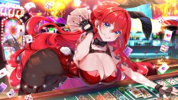 1girl animal_ears arm_tattoo bent_over black_bow black_bowtie black_gloves bow bowtie breasts card chest_harness cleavage collar detached_collar dice earrings eight_of_hearts elly_(bunny)_(vtuber) elly_(vtuber) fake_animal_ears finger_tattoo fingerless_gloves gloves green_eyes hair_between_eyes harness highres holding holding_card indie_virtual_youtuber jewelry king_(playing_card) king_of_spades large_breasts leotard long_hair nail_polish pantyhose playboy_bunny playing_card poker_chip queen_(playing_card) queen_of_spades rabbit_ears rabbit_tail red_hair red_leotard roulette_table second-party_source seven_of_spades smile solo srinitybeast table tail tattoo virtual_youtuber white_collar