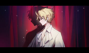 Rule 34 | 1boy, birthmark, commentary request, curtains, different shadow, dio brando, jojo no kimyou na bouken, letterboxed, light particles, male focus, phantom blood, profile, shirt, solo, stage curtains, toubun teikou, upper body, white shirt