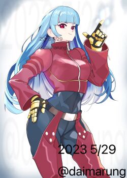 1girl belt belt_buckle black_bodysuit blue_hair blunt_bangs bodysuit breasts brown_belt buckle chaps closed_mouth cropped_jacket daimaru_(s29y2c) dated gloves hand_on_own_hip highres jacket kula_diamond long_hair looking_at_viewer medium_breasts pointing pointing_up purple_jacket red_eyes smile solo the_king_of_fighters twitter_username zipper