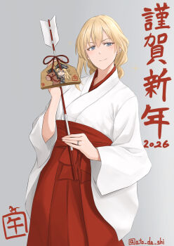 1girl 2026 absurdres arrow_(projectile) atodashi bismarck_(kancolle) blonde_hair blue_eyes commentary_request ema gloves hakama hamaya happy_new_year highres holding holding_arrow japanese_clothes jewelry kantai_collection kimono long_hair looking_at_viewer new_year red_hakama ring smile solo twitter_username wedding_ring white_kimono wide_sleeves