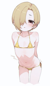 1girl absurdres arms_behind_back bikini blonde_hair blush brown_eyes collarbone cropped_legs dated ear_piercing earrings flat_chest gold_bikini hair_over_one_eye highres idolmaster idolmaster_cinderella_girls jewelry komodj loli looking_at_viewer micro_bikini navel one_eye_covered parted_lips piercing red_eyes shirasaka_koume short_hair side-tie_bikini_bottom signature simple_background solo stud_earrings swimsuit white_background