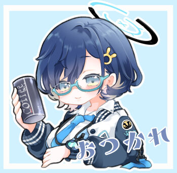 1girl aqua-framed_eyewear blue_archive blue_hair blue_halo blue_jacket blue_necktie blush breasts can canned_coffee chihiro_(blue_archive) closed_mouth collared_shirt commentary cropped_torso dress_shirt drink_can glasses grey_eyes hair_ornament halo holding holding_can jacket large_breasts long_sleeves looking_at_viewer medium_hair multicolored_jacket necktie open_clothes open_jacket puffy_long_sleeves puffy_sleeves rabbit_hair_ornament semi-rimless_eyewear shio_(tsumiki_asobi) shirt smile solo translation_request two-tone_jacket under-rim_eyewear white_jacket white_shirt