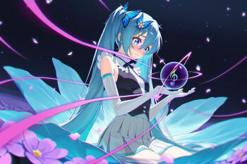 1girl absurdres aqua_eyes aqua_hair bare_shoulders black_bow black_bowtie black_vest bow bowtie butterfly_hair_ornament chinese_commentary closed_mouth commentary_request dress elbow_gloves falling_petals flower frills frown gloves hair_between_eyes hair_ornament hatsune_miku highres holding long_hair miku_symphony_(vocaloid) mixed-language_commentary musical_note partial_commentary petals pleated_dress sitting solo tearing_up treble_clef twintails very_long_hair vest vocaloid white_dress white_gloves yu_tsujihara_y3