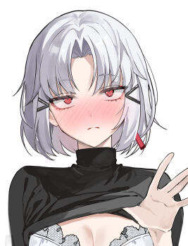 1girl absurdres black_shirt blush bra breasts cleavage closed_mouth clothes_lift commentary_request drake_(nikke) goddess_of_victory:_nikke hair_ornament hairclip highres kawai_sung korean_commentary lace lace-trimmed_bra lace_trim lifting_own_clothes long_sleeves looking_at_viewer medium_breasts parted_bangs red_eyes shirt shirt_lift short_hair sidelocks simple_background solo turtleneck underwear white_background white_bra white_hair