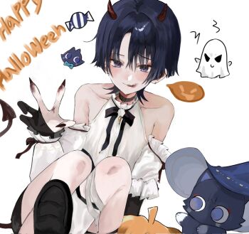 1boy animalization armpit_crease black_cat black_choker black_eyes black_gloves black_hair black_nails black_shorts black_tail blood blood_from_mouth blood_on_hands blunt_ends candy cat choker collarbone curtained_hair demon_boy demon_horns demon_tail detached_sleeves dutch_angle eyeshadow fang fingernails food frilled_shirt_collar frills genshin_impact ghost gloves half_gloves halloween_costume hand_up happy_halloween hat heart heart_tail highres horns looking_at_viewer makeup male_focus person_and_animalization red_eyeshadow red_horns red_pupils scaramouche_(cat)_(genshin_impact) scaramouche_(genshin_impact) sharp_fingernails shirt shorts single_hair_intake single_half_glove sitting skin_fang solo spoken_expression swept_bangs t112 tail thigh_strap tongue tongue_out tsurime white_background white_shirt white_sleeves wispy_bangs witch_hat