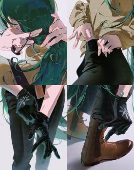 1girl 987645321o absurdres adjusting_clothes adjusting_hair black_gloves black_pants boots dressing ear_piercing gloves green_hair hair_tie highres holding_hands long_hair nintendo pants piercing pokemon pokemon_sv rika_(pokemon) sequential shirt_tucked_in solo tomboy very_long_hair