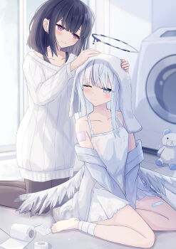 Rule 34 | 2girls, angel, barefoot, black hair, black pantyhose, blue eyes, blush, brown eyes, collarbone, commentary request, dress, enokitake, feathered wings, feet, grey hair, grey jacket, hair between eyes, highres, indoors, jacket, long sleeves, male focus, multiple girls, one eye closed, original, pantyhose, ribbed sweater, sitting, stuffed animal, stuffed toy, sweater, teddy bear, toes, toilet paper, wariza, washing machine, white dress, white hair, white sweater, white wings, wings