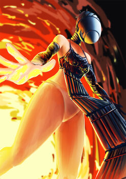 1girl absurdres apron black_apron black_gloves bomb_devil_(chainsaw_man) breasts chainsaw_man dynamite elbow_gloves explosion explosion_background explosive gloves glowing glowing_hand highres kai_chun object_head panties small_breasts solo teeth underwear white_panties