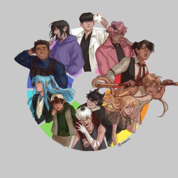 Rule 34 | 3girls, 6+boys, :p, abyssal black flame dragon (omniscient reader's viewpoint), alternate hair color, backwards hat, bandaged arm, bandages, baseball cap, biyoo (omniscient reader's viewpoint), black gloves, black hair, black shirt, black vest, blonde hair, blue hair, braid, brown hair, candy, capelet, cheek pull, coat, collared shirt, color wheel challenge, curtained hair, demon horns, food, gloves, green eyes, grin, hair ribbon, han sooyoung, hand in pocket, hand on own face, hat, high ponytail, highres, holding, holding candy, holding food, holding lollipop, holding staff, hood, hood down, hoodie, horns, jung heewon, kim dokja, kim namwoon, kyrgios rodgraim, lee gilyoung, lee hyunsung, lollipop, looking at viewer, low ponytail, monkey tail, multiple boys, multiple drawing challenge, multiple girls, necktie, omniscient reader's viewpoint, open clothes, open coat, over shoulder, pink coat, pink hair, ponytail, purple hoodie, red necktie, ribbon, scratching head, sharp teeth, shirt, short hair, sleeveless, sleeveless shirt, sleeves rolled up, smile, staff, striped arm warmers, sun wukong (omniscient reader's viewpoint), tail, teeth, tongue, tongue out, umbrvx, upper body, uriel (omniscient reader's viewpoint), v, vest, weapon, weapon over shoulder, white changpao, white coat, white hair, yoo joonghyuk