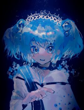 1girl blue_choker blue_eyes blue_hair blue_sash blue_tongue chinese_commentary choker colored_tongue commentary_request hand_up highres long_sleeves open_mouth original sash shirt short_hair smile solo teeth tiara twintails upper_body upper_teeth_only vihua6 white_shirt