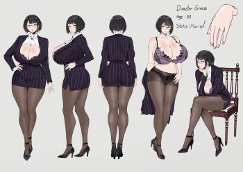 1girl absurdres ascot bare_shoulders black_hair black_pantyhose bra bra_peek breasts chair cleavage cleavage_cutout clothing_cutout collared_shirt commentary crossed_legs curvy earrings english_commentary english_text from_behind from_side full_body glasses grey_background hand_on_own_chin hand_on_own_hip high_heels highres huge_breasts jacket jacket_partially_removed jewelry leaning_forward looking_at_viewer looking_to_the_side mature_female mole mole_on_breast mole_under_mouth multiple_views navel original panties pantyhose pinstripe_jacket pinstripe_pattern pinstripe_skirt purple_bra purple_jacket purple_panties purple_skirt puzenketsu ring shirt short_hair simple_background sitting skirt standing underwear white_ascot white_shirt