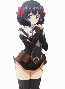 1girl asymmetrical_gloves belt belt_bag belt_pouch black_detached_sleeves black_hair black_romper black_shorts black_socks black_thighhighs blue_eyes blush bow breasts brown_bag brown_belt brown_pouch brown_sash collared_shirt detached_sleeves dot_nose female_focus fingerless_gloves frilled_shirt frilled_shirt_collar frills gloves hair_bow hair_ornament hair_ribbon highres legs long_sleeves looking_at_viewer marusankaku medium_breasts medium_hair nageki_no_bourei_wa_intaishitai neck_ribbon open_mouth pouch red_bow red_ribbon ribbon romper sash shirt short_shorts short_sleeves shorts simple_background skin_tight sleeveless sleeveless_shirt socks solo solo_focus sword sword_on_back thick_thighs thighhighs thighs thighs_focus tino_shade waist_bag waist_sash weapon weapon_on_back white_background white_shirt wide_hips