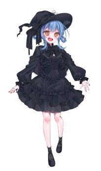 1girl :d \||/ alternate_costume bird_hat_ornament black_dress black_hat black_nails black_ribbon black_shoes black_socks blue_hair blunt_bangs braid braided_hair_rings commentary dress frilled_dress frills full_body hair_rings hat hat_ribbon highres jewelry looking_at_viewer magical_girl mahou_shoujo_no_majo_saiban official_artist_extra open_mouth orange_eyes puffy_sleeves ribbon ring shoes short_hair sidelocks simple_background smile socks solo tachibana_sherry tokito_setsuna white_background witch_hat
