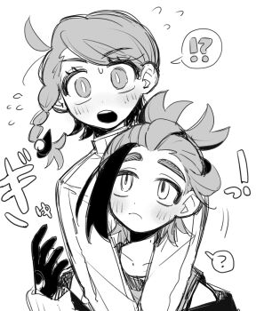 Rule 34 | !?, 1boy, 1girl, ?, absurdres, ahoge, arms around neck, blush, braid, dot nose, gloves, highres, jacket, juliana (pokemon), kieran (pokemon), looking at another, looking at viewer, loose hair strand, mole, mole on neck, monochrome, nintendo, open mouth, partially fingerless gloves, pokemon, pokemon sv, ponytail, side braid, single braid, single glove, sketch, spoken interrobang, spoken question mark, tank top, teeth, tisanntisyou, turtleneck, turtleneck jacket, upper teeth only