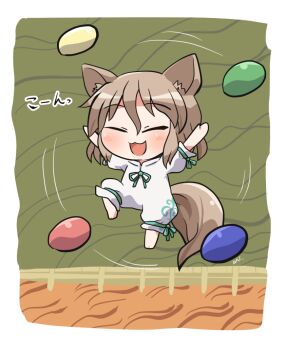 Rule 34 | 1girl, :3, :d, animal ear fluff, animal ears, arms up, ball, barefoot, blush, border, brown hair, chibi, chibi only, closed eyes, commentary request, fox ears, fox girl, fox tail, full body, green background, green ribbon, kudamaki tsukasa, neck ribbon, open mouth, ribbon, rokugou daisuke, romper, short hair, short sleeves, signature, sleeve ribbon, smile, solo, tail, touhou, white border, white romper