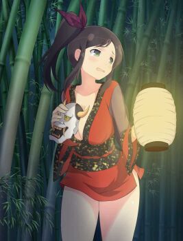 1girl bamboo bamboo_forest blush bow breasts brown_hair cleavage collarbone floral_print_bow forest green_eyes hair_bow hair_ribbon holding holding_lantern holding_mask japanese_clothes kimono lantern large_breasts leaf long_hair long_sleeves mask murakumo_(senran_kagura) nature night noh_mask obi obijime official_alternate_costume official_art oni_mask open_mouth paper_lantern purple_bow purple_ribbon red_kimono ribbon sash scared senran_kagura senran_kagura_new_wave senran_kagura_shinovi_versus shiny_skin short_kimono side_ponytail side_slit solo standing unworn_mask