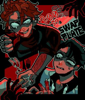 2boys 9aaaalt29 black_border black_hair bleeding blood blood_on_face blood_on_mouth blue_outline border color_contrast dead_plate english_text guro highres multiple_boys neckerchief outline pixel_art red_hair red_neckerchief rody_lamoree severed_finger short_hair smile sweat tears teeth very_short_hair vincent_charbonneau