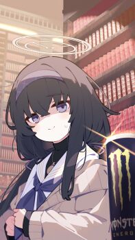 1girl absurdres black_hair blue_archive bookshelf can commentary_request energy_drink grey_eyes hair_between_eyes hair_ribbon halo headband highres jewelry library long_hair long_sleeves looking_at_viewer monster_energy neckerchief necklace pekeko_(pepekekeko) product_placement ribbon sailor_collar school_uniform shaded_face smile solo sweatdrop sweater turtleneck ui_(blue_archive) upper_body