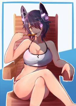10s 1girl armrest bikini breasts brown_eyes chair cleavage crossed_legs eating edwin_(cyberdark_impacts) eyepatch female_focus food glowing hair_over_one_eye headgear highres kantai_collection large_breasts looking_at_viewer machinery parted_lips purple_hair revision short_hair sitting smile solo swimsuit teeth tenryuu_(kancolle) tenryuu_(swimsuit)_(kancolle) white_bikini