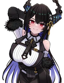 1girl absurdres arm_behind_head asymmetrical_horns black_hair black_horns blue_eyes blush breasts commentary cowboy_shot demon_horns highres hololive hololive_english horns jerrytz large_breasts long_hair mole mole_under_eye multicolored_hair nerissa_ravencroft nerissa_ravencroft_(1st_costume) purple_eyes shirt simple_background smile solo two-tone_hair uneven_horns virtual_youtuber white_background white_shirt