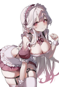 1girl apron bent_over bow bowtie breasts cleavage closed_mouth clothing_cutout commentary crop_top gradient_hair hand_up hayan headdress highleg highres large_breasts long_hair looking_at_viewer maid maid_apron maid_headdress midriff miniskirt multicolored_hair original panty_straps pleated_skirt red_eyes red_shirt red_skirt shirt short_sleeves shoulder_cutout simple_background skindentation skirt smile solo symbol-only_commentary thick_thighs thigh_strap thighhighs thighs very_long_hair waist_apron white_background white_hair white_thighhighs wing_collar wrist_cuffs zettai_ryouiki