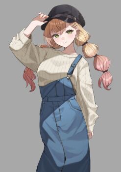 1girl adjusting_clothes adjusting_headwear alternate_costume aran_sweater black_hat blonde_hair blue_overalls cable_knit closed_mouth commentary_request cowboy_shot crossed_bangs denim denim_overalls double-parted_bangs earrings gradient_hair green_eyes grey_background hair_between_eyes hair_ornament hairclip hand_up hat highres hololive jewelry long_hair looking_at_viewer low_twintails momosuzu_nene multicolored_hair nametakeko newsboy_cap overalls parallel_hairclips pink_hair simple_background smile solo sweater twintails virtual_youtuber white_sweater