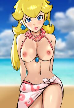 1girl beach bikini blonde_hair blue_eyes breasts breasts_out crown earrings flower flower_necklace highres jewelry large_breasts lei long_hair looking_at_viewer mario_(series) midriff navel necklace nintendo nipples ocean outdoors princess_peach sand sarong solo sunbeam_(artist) swimsuit tan tanline