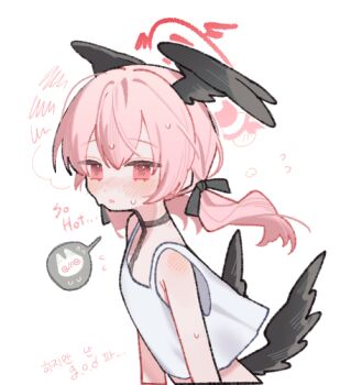 1girl alternate_costume black_ribbon black_wings blue_archive commentary_request hair_ribbon halo head_wings koharu_(blue_archive) korean_commentary looking_at_viewer nagakiras2 pink_hair red_eyes red_halo ribbon simple_background solo tank_top white_background white_tank_top wings