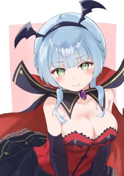 1girl bare_shoulders blue_hair blush braid breasts cape cleavage closed_mouth detached_sleeves dress fang gloves green_eyes hairband head_wings highres kashiwagi_saki kinakollll large_breasts long_hair long_sleeves looking_at_viewer medium_breasts ongeki red_cape skirt smile solo striped_background virtual_youtuber wings