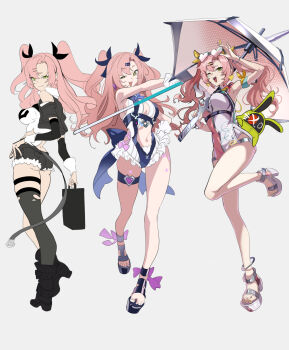 >_o :d amillion_(zenless_zone_zero) ass barefoot bikini breasts commentary_request cosplay feet green_eyes highres holding holding_umbrella large_breasts legs long_hair multiple_views navel nicole_demara niihatigounana one_eye_closed open_mouth pink_hair platform_sandals sandals smile swimsuit thigh_strap toenails toes ukinami_yuzuha ukinami_yuzuha_(cosplay) ukinami_yuzuha_(tanuki_in_broad_daylight) umbrella vivian_banshee vivian_banshee_(iris_of_the_shore) zenless_zone_zero