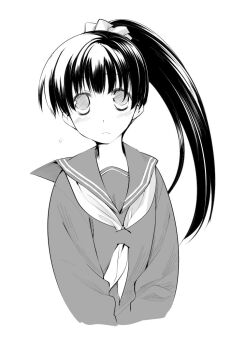 1girl blush breasts closed_mouth flying_sweatdrops greyscale hair_ribbon koi_no_kotoba kurihara_yuuri_(koi_no_kotoba) long_hair long_sleeves looking_at_viewer midori_no_ruupe monochrome neckerchief ponytail ribbon sailor_collar school_uniform serafuku simple_background sketch small_breasts solo upper_body