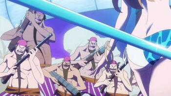 1girl 6+boys alternate_costume animated animated_gif anime_screenshot ass ass_focus bikini bracelet clima-tact curvy fog gun holding holding_gun holding_staff holding_weapon jewelry multiple_boys nami_(one_piece) official_alternate_costume one_piece one_piece_film:_gold staff swimsuit weapon
