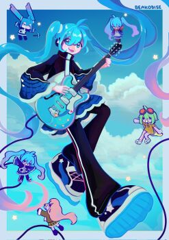 3girls aqua_hair artist_name bass_guitar beak black_pants black_shoes blue_eyes blue_theme chibi chibi_inset cloud commentary english_commentary full_body goggles goggles_on_head gradient_hair green_hair gumi hair_between_eyes hatsune_miku highres instrument jacket minecraft_pickaxe moss_(honey_cosmos) multicolored_hair multicolored_jacket multiple_girls pants pickaxe pink_hair purple_hair red-tinted_eyewear shirt shoes star_(symbol) tinted_eyewear twintails vocaloid yellow_shirt