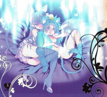 2girls animal_ears blush bottomless breasts censored choco_(chocolate_shop) cure_gelato cure_macaron fingering kirakira_precure_a_la_mode kotozume_yukari loli moaning multiple_girls nipples precure small_breasts spread_legs tail tategami_aoi tongue tongue_out yuri