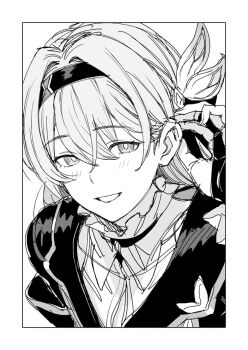1girl birdhatter black_hairband black_jacket black_ribbon blush collared_shirt firefly_(honkai:_star_rail) grey_hair greyscale hair_between_eyes hair_intakes hair_ornament hair_ribbon hairband honkai:_star_rail honkai_(series) jacket long_hair monochrome open_mouth ribbon shirt solo teeth white_shirt