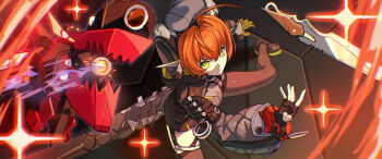 1girl 1other absurdres ammunition asymmetrical_gloves black_hat black_horns black_jacket dragon_girl dragon_horns dress fingerless_gloves fire firing from_above gloves green_eyes gun hat highres horns jacket knife magus_(chrono_trigger) mechanical_horns mechanical_tail mismatched_gloves open_mouth orange_hair orange_pupils orphie_magnusson pointy_ears single_fingerless_glove sparkle tail teeth thigh_strap thighhighs throwing_knife weapon yanagino_(yanagino3) yellow_gloves zenless_zone_zero zipper_dress zipping