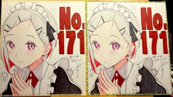 ! 1girl ? alternate_costume apron black_dress bob_cut cho_toutoi_love closed_mouth collared_dress colored_inner_hair commentary_request dress forehead frilled_apron frills grey_hair hair_ornament hairclip highres inverted_bob link!_like!_love_live! looking_at_viewer love_live! maid maid_apron maid_headdress multicolored_hair multiple_views parted_lips photo_(medium) pink_eyes puffy_short_sleeves puffy_sleeves red_hair red_streaks shikishi short_hair short_sleeves signature smile split_mouth spoken_exclamation_mark spoken_question_mark streaked_hair traditional_media translation_request virtual_youtuber white_apron x_hair_ornament yaa-kun yugiri_tsuzuri