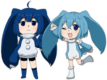 Rule 34 | 2boys, :3, ahoge, animal ears, arm up, bad source, blue boots, blue eyes, blue hair, blue leotard, blue sleeves, bodysuit, boots, chibi, chibi only, closed mouth, commentary request, full body, fur-trimmed leotard, fur-trimmed sleeves, fur-trimmed wrist cuffs, fur trim, kenma-kun, koushinism, leg up, leotard, long sleeves, lowres, male focus, maso (ascii art), multiple boys, nise kenma-kun, one eye closed, open mouth, rabbit boy, rabbit ears, raglan sleeves, sleeveless, sleeveless bodysuit, sleeves past fingers, sleeves past wrists, snout, tail, thick eyebrows, trap, white background, white bodysuit, white boots